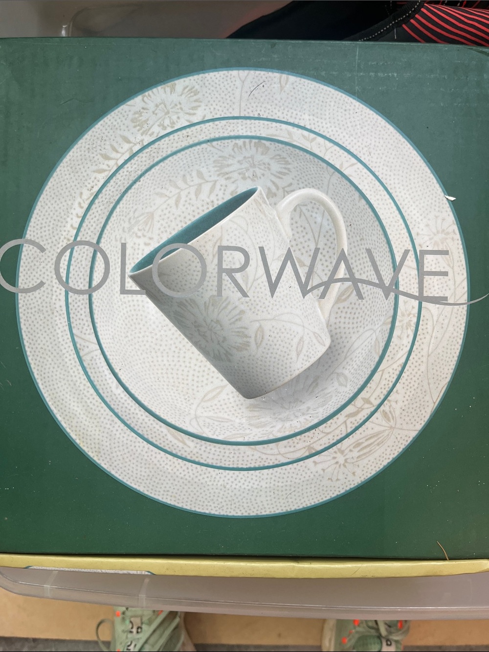 Floral Accent White and Teal Dinnerware Mug and Plate Set